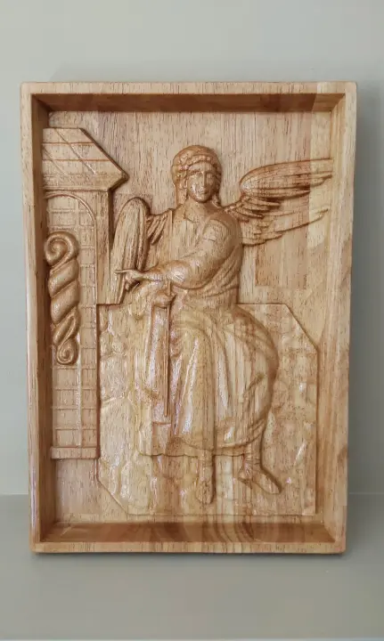 White Angel Icon, Religious home decor wood carved icon
